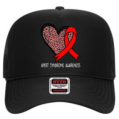 Leopard Heart Apert Syndrome Awareness Red Ribbon High Crown Mesh Back Trucker Hat