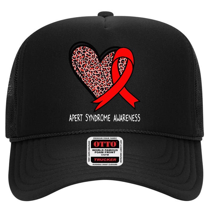 Leopard Heart Apert Syndrome Awareness Red Ribbon High Crown Mesh Back Trucker Hat