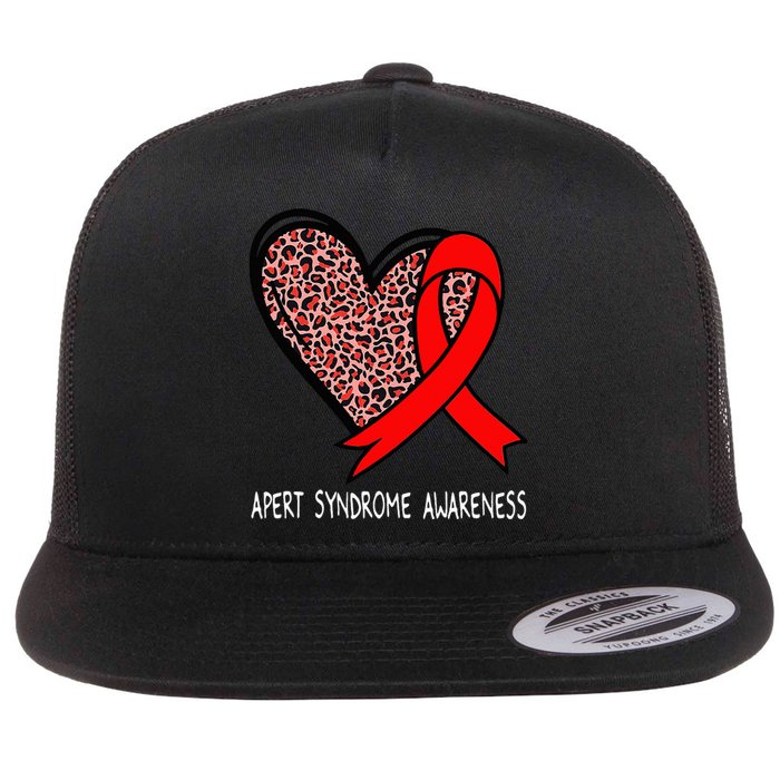 Leopard Heart Apert Syndrome Awareness Red Ribbon Flat Bill Trucker Hat