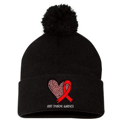 Leopard Heart Apert Syndrome Awareness Red Ribbon Pom Pom 12in Knit Beanie