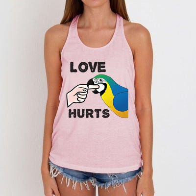 Love Hurts Blue And Gold Macaw Parrot Gift Women's Knotted Racerback Tank