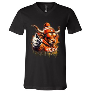 Long Horn Bull Character Tx Bull Hat V-Neck T-Shirt