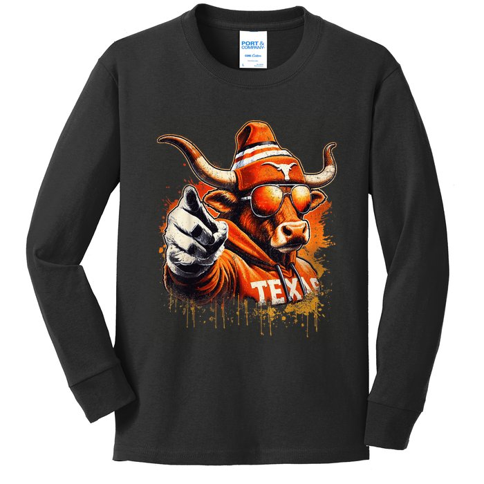 Long Horn Bull Character Tx Bull Hat Kids Long Sleeve Shirt