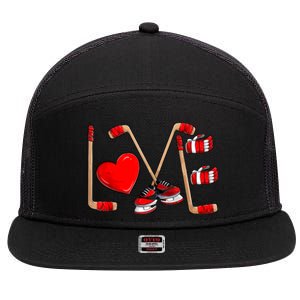 Love Hockey Cute Valentines 7 Panel Mesh Trucker Snapback Hat