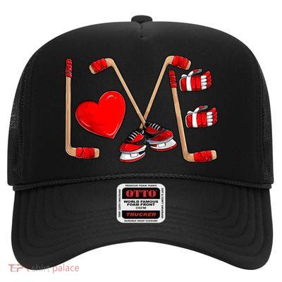 Love Hockey Cute Valentines High Crown Mesh Back Trucker Hat