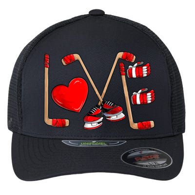 Love Hockey Cute Valentines Flexfit Unipanel Trucker Cap