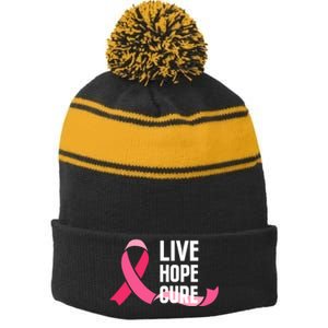 Live Hope Cure Breast Cancer Awareness Ribbon Stripe Pom Pom Beanie