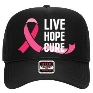 Live Hope Cure Breast Cancer Awareness Ribbon High Crown Mesh Back Trucker Hat