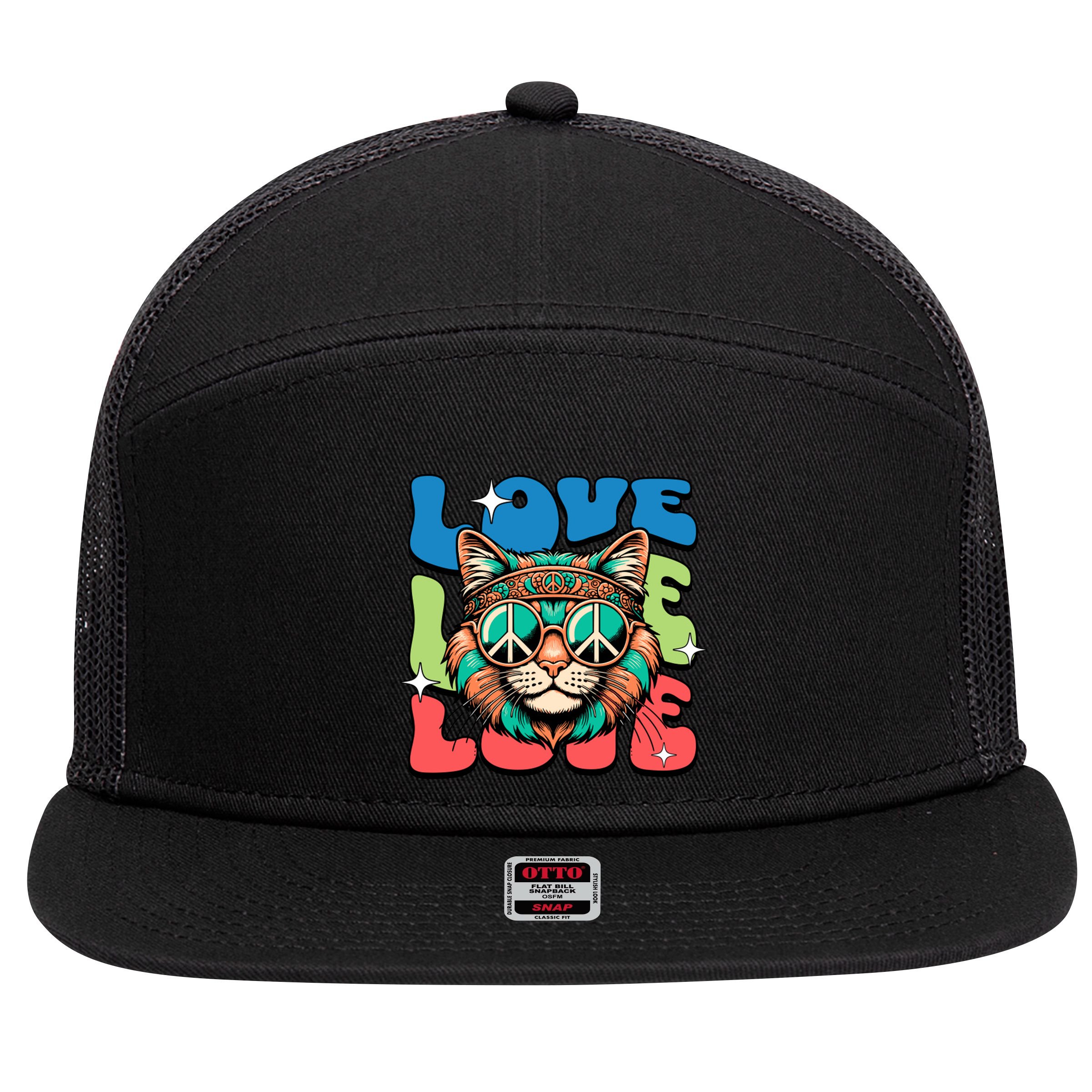 Love Hippie Cat Retro 80s Peace 7 Panel Mesh Trucker Snapback Hat