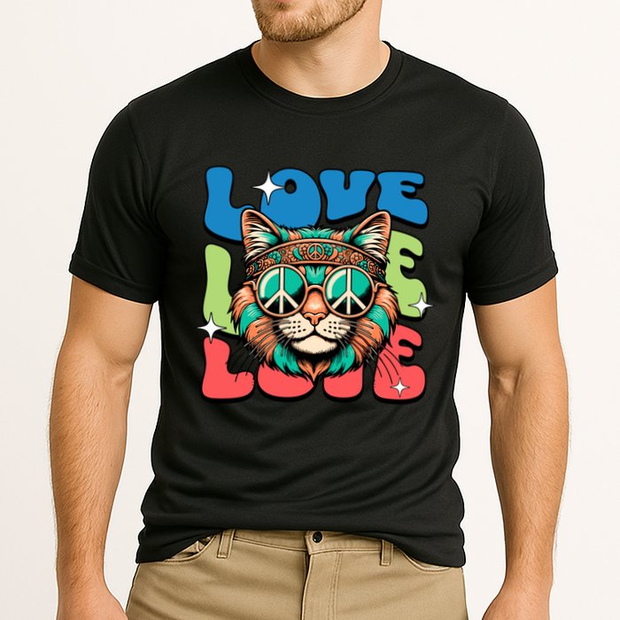 Love Hippie Cat Retro 80s Peace Cooling Performance Crew T-Shirt