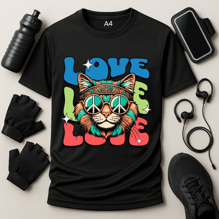 Love Hippie Cat Retro 80s Peace Cooling Performance Crew T-Shirt