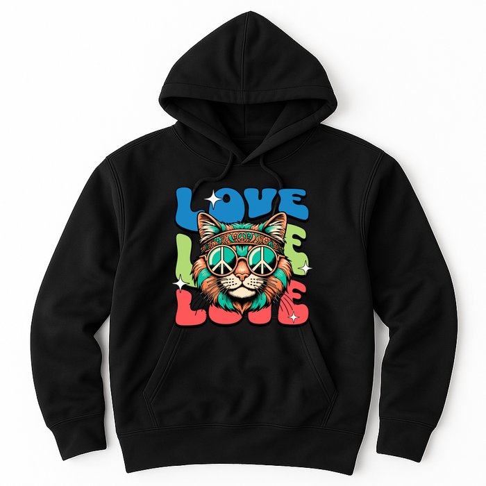 Love Hippie Cat Retro 80s Peace Hoodie