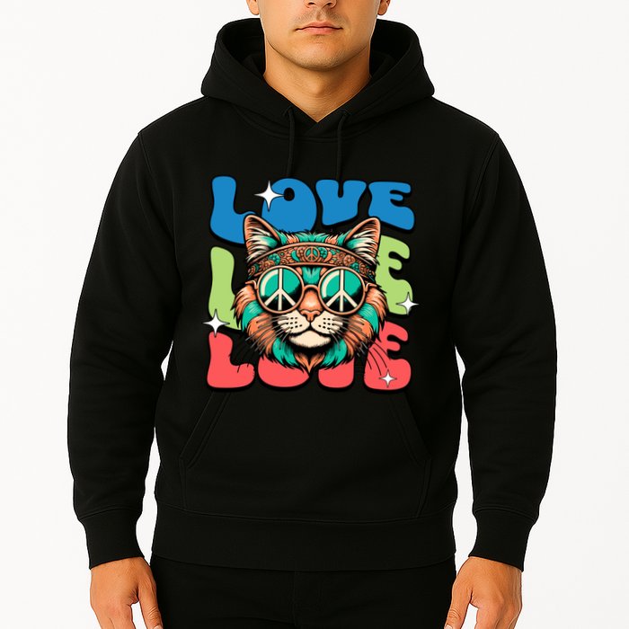 Love Hippie Cat Retro 80s Peace Hoodie