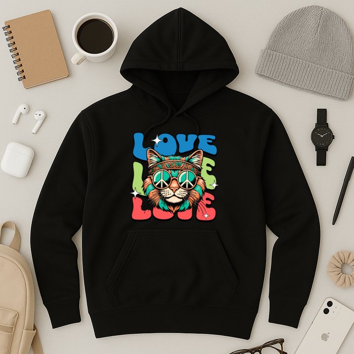Love Hippie Cat Retro 80s Peace Hoodie