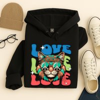 Love Hippie Cat Retro 80s Peace Hoodie
