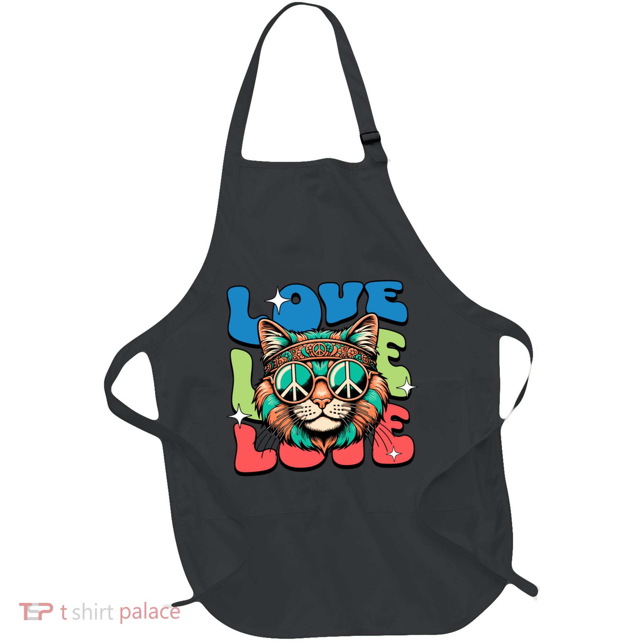 Love Hippie Cat Retro 80s Peace Full-Length Apron With Pockets
