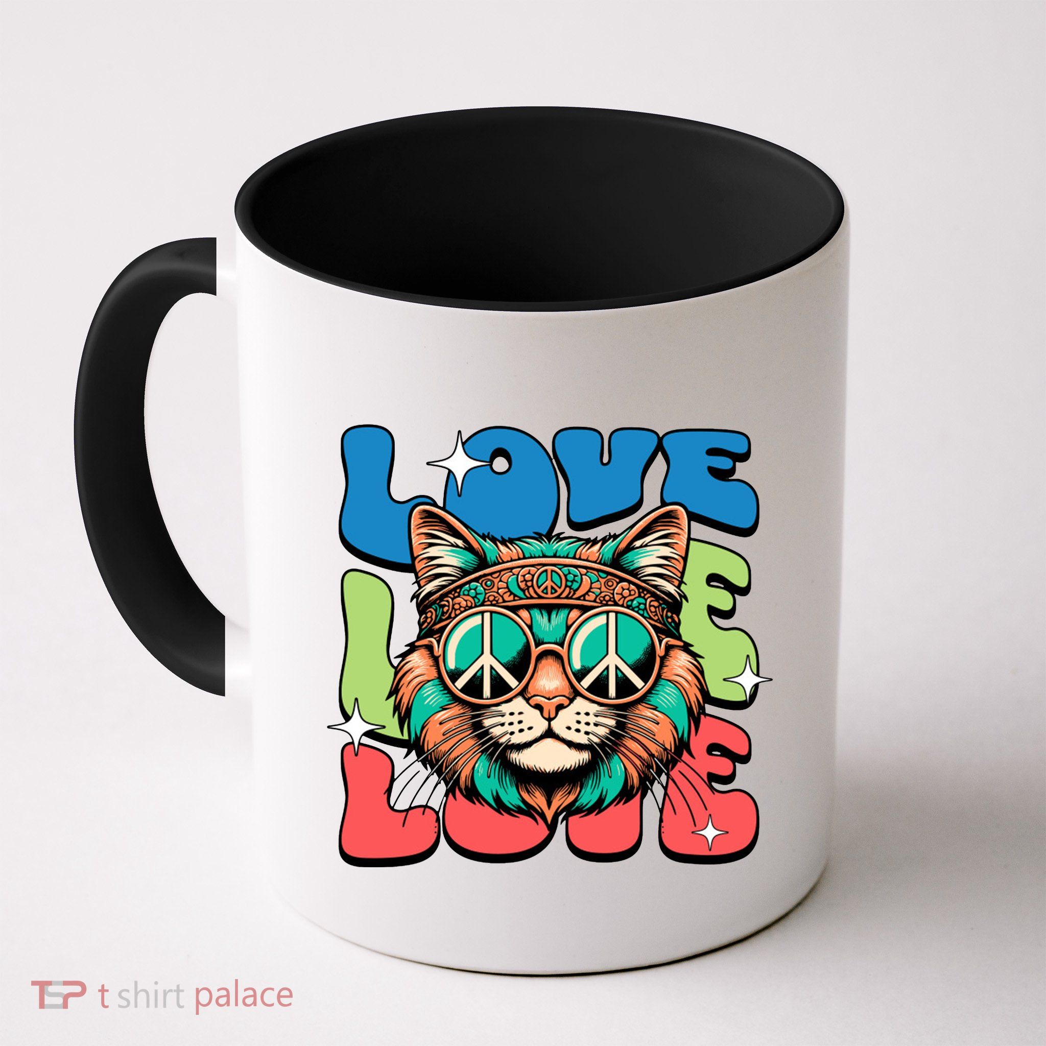 Love Hippie Cat Retro 80s Peace Mug