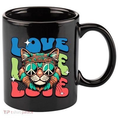 Love Hippie Cat Retro 80s Peace 11oz C Handle Ceramic Mug
