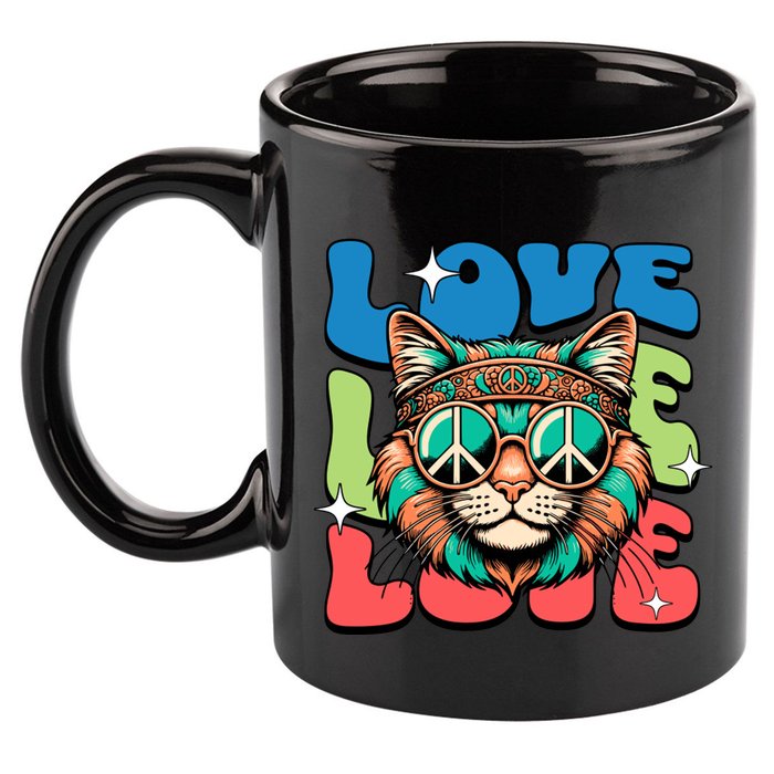 Love Hippie Cat Retro 80s Peace 11oz C Handle Ceramic Mug