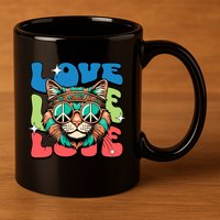 Love Hippie Cat Retro 80s Peace 11oz C Handle Ceramic Mug