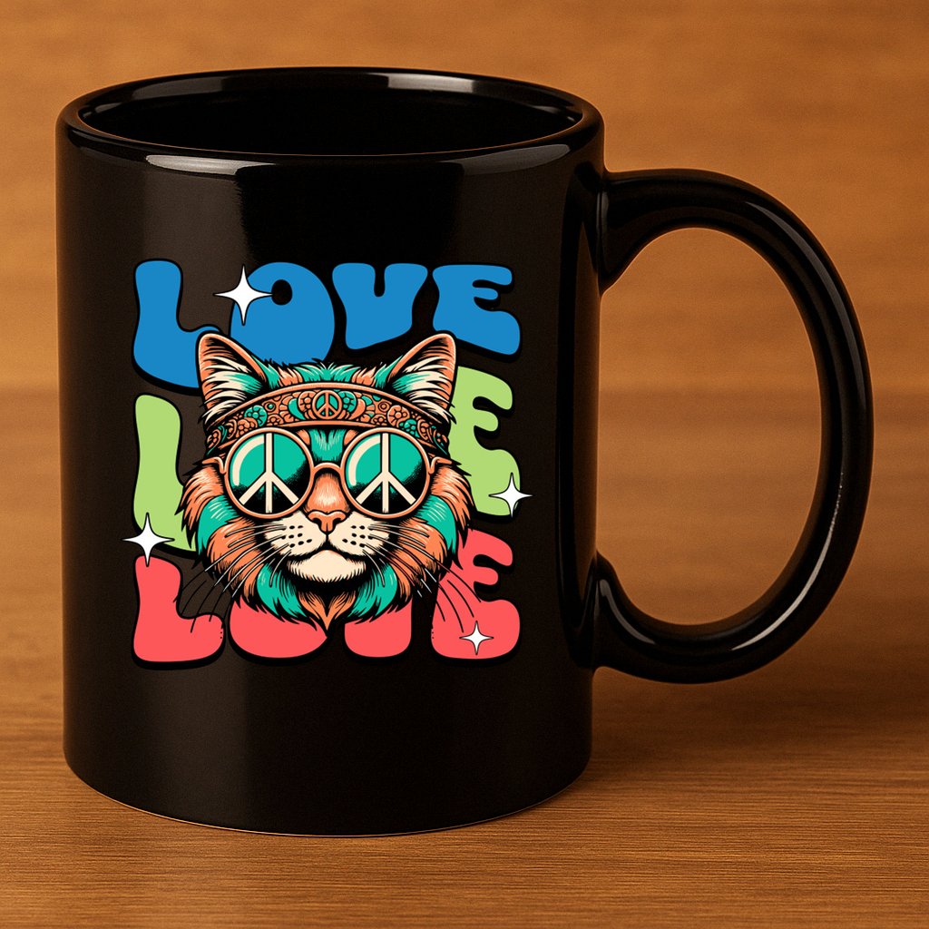 Love Hippie Cat Retro 80s Peace 11oz C Handle Ceramic Mug