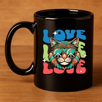 Love Hippie Cat Retro 80s Peace 11oz C Handle Ceramic Mug