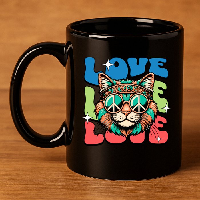 Love Hippie Cat Retro 80s Peace 11oz C Handle Ceramic Mug