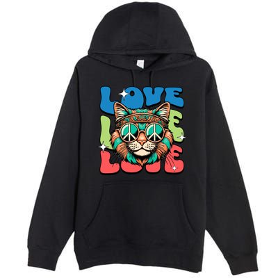 Love Hippie Cat Retro 80s Peace Premium Pullover Hoodie