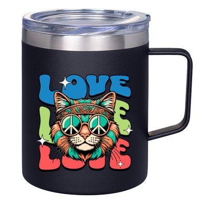Love Hippie Cat Retro 80s Peace 12oz Stainless Steel Coffee Mug