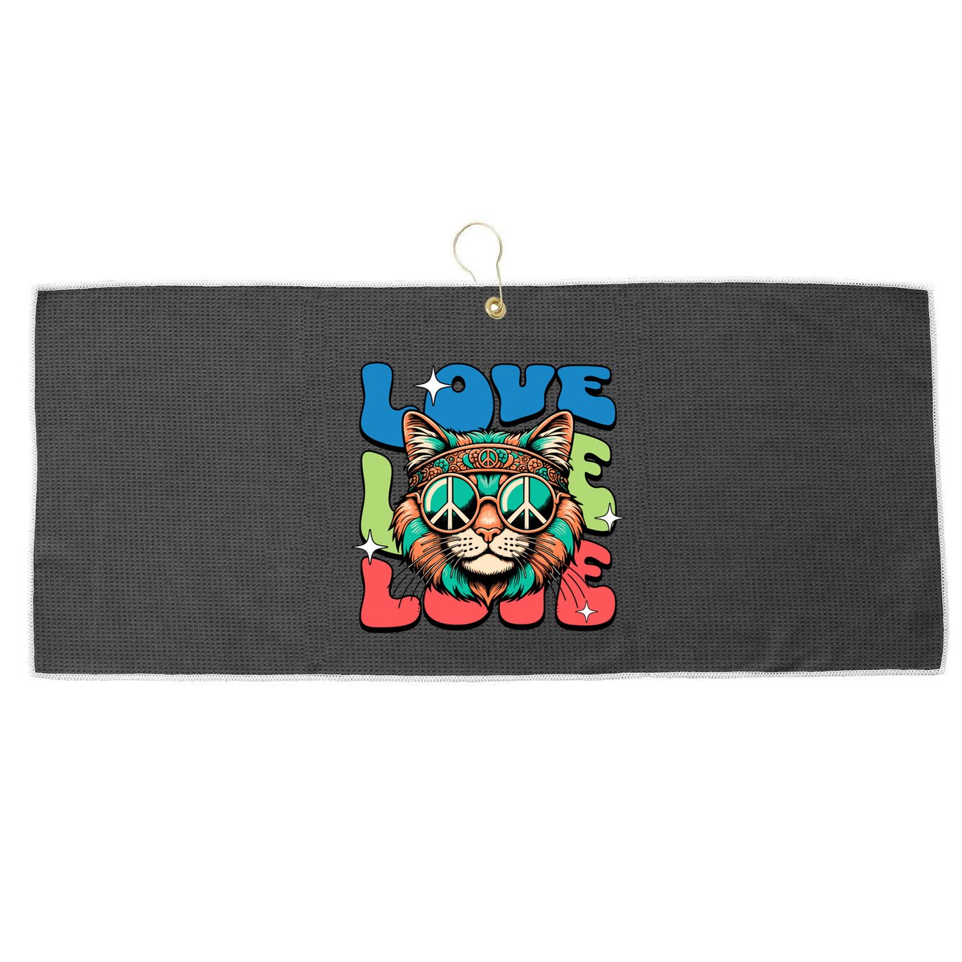 Love Hippie Cat Retro 80s Peace Large Microfiber Waffle Golf Towel