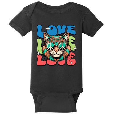 Love Hippie Cat Retro 80s Peace Baby Bodysuit
