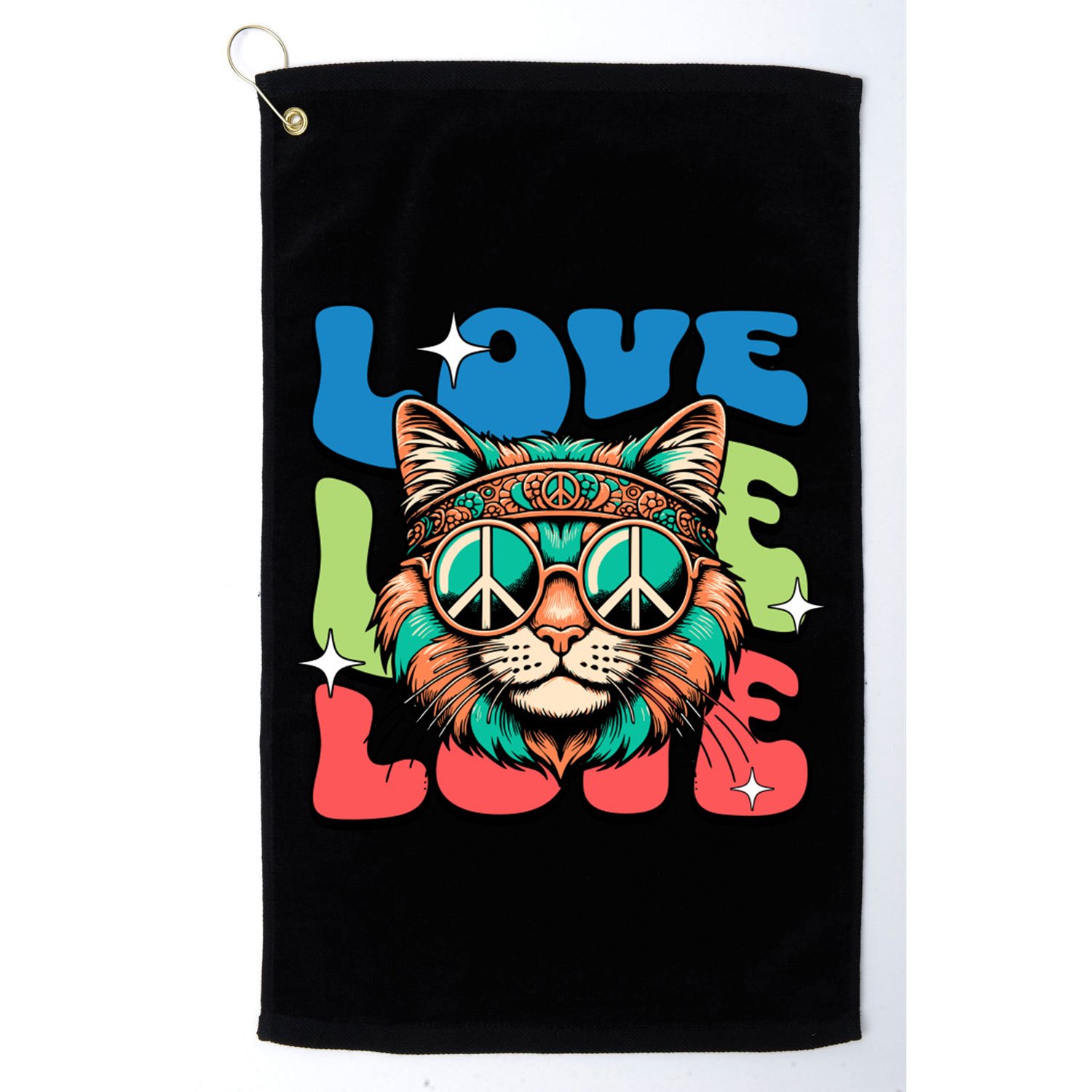 Love Hippie Cat Retro 80s Peace Golf Towel