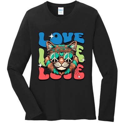 Love Hippie Cat Retro 80s Peace Ladies Long Sleeve Shirt