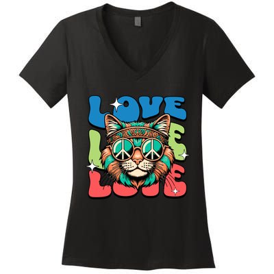 Love Hippie Cat Retro 80s Peace Women's V-Neck T-Shirt