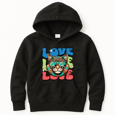 Love Hippie Cat Retro 80s Peace Kids Hoodie
