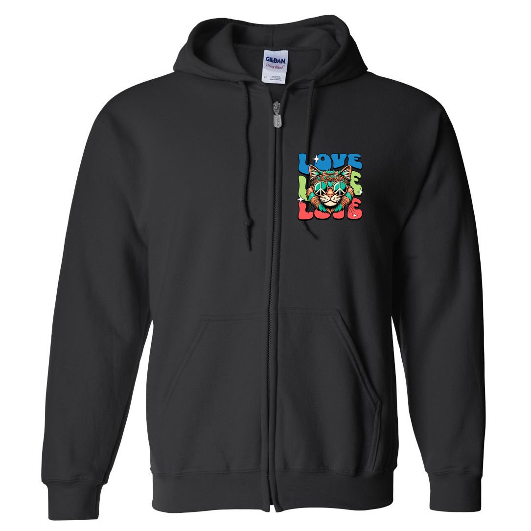 Love Hippie Cat Retro 80s Peace Full Zip Hoodie