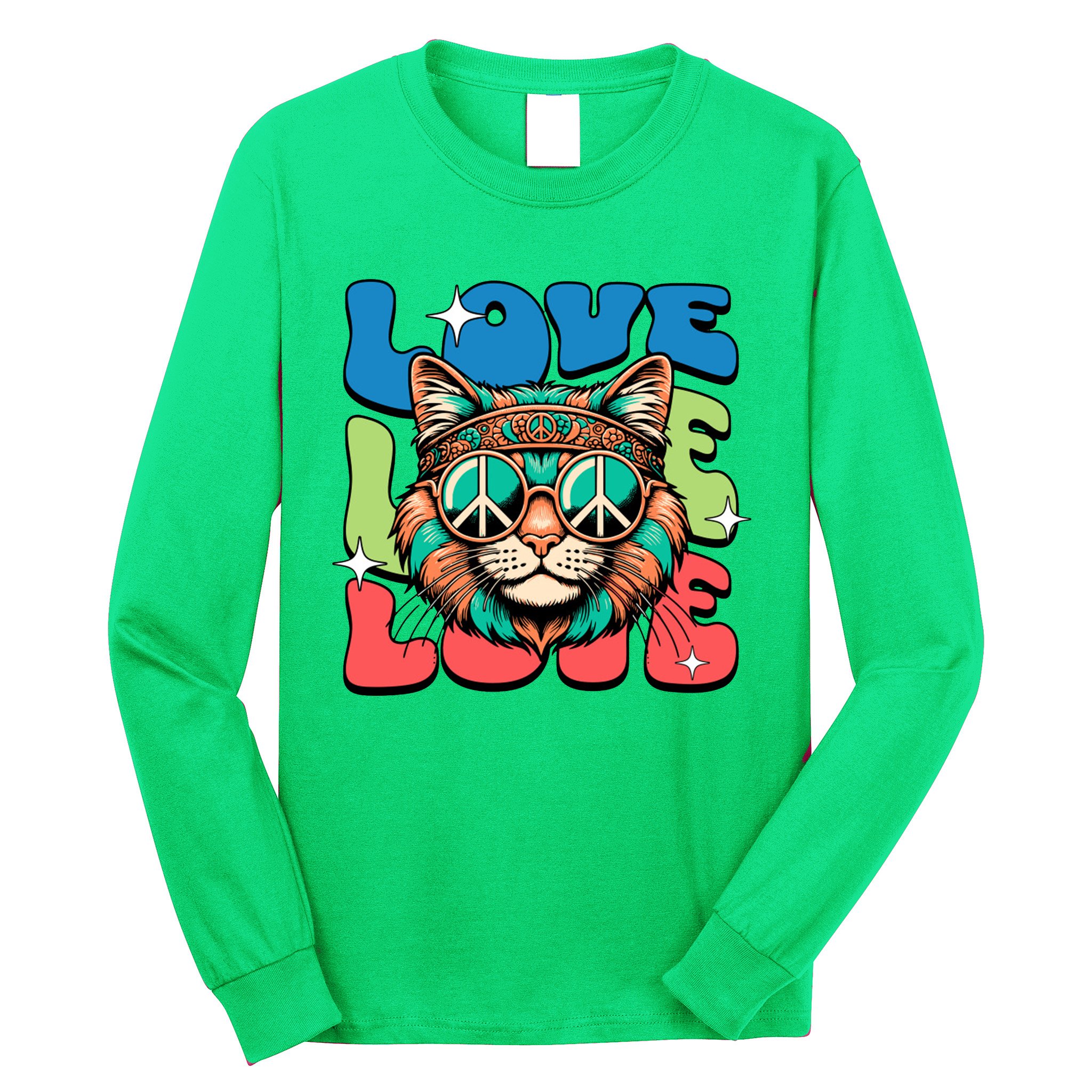 Love Hippie Cat Retro 80s Peace Long Sleeve Shirt