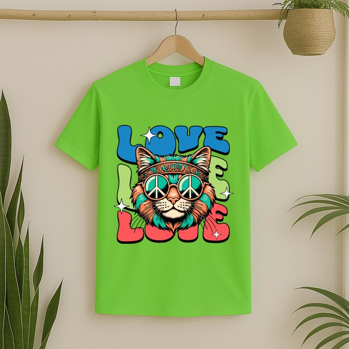 Love Hippie Cat Retro 80s Peace T-Shirt