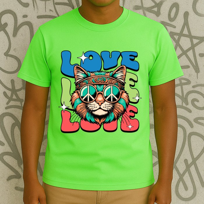 Love Hippie Cat Retro 80s Peace T-Shirt