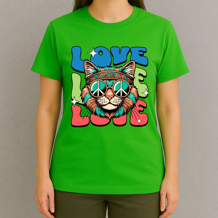 Love Hippie Cat Retro 80s Peace T-Shirt