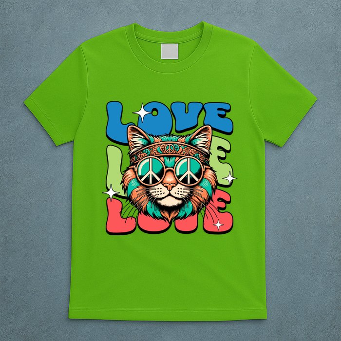 Love Hippie Cat Retro 80s Peace T-Shirt