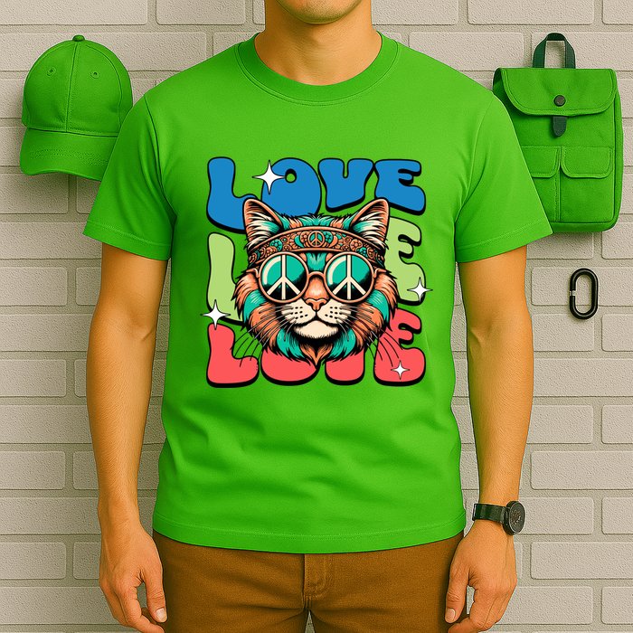 Love Hippie Cat Retro 80s Peace T-Shirt