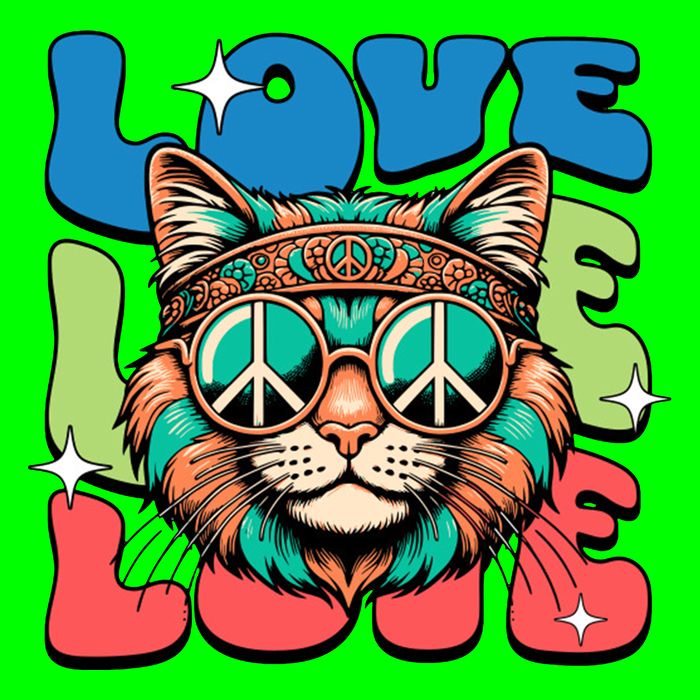 Love Hippie Cat Retro 80s Peace T-Shirt