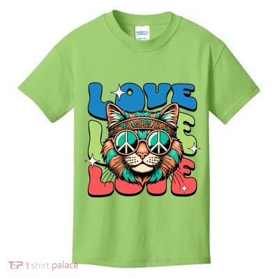 Love Hippie Cat Retro 80s Peace Kids T-Shirt