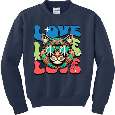 Love Hippie Cat Retro 80s Peace Kids Sweatshirt