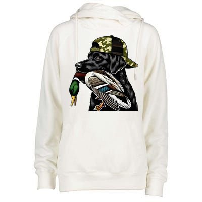 Labrador Hunting Dog With Duck Hello Hunting Season Womens Funnel Neck Pullover Hood