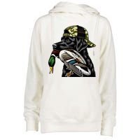 Labrador Hunting Dog With Duck Hello Hunting Season Womens Funnel Neck Pullover Hood