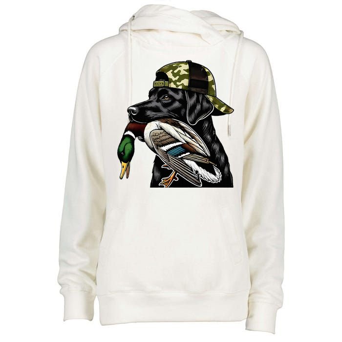 Labrador Hunting Dog With Duck Hello Hunting Season Womens Funnel Neck Pullover Hood