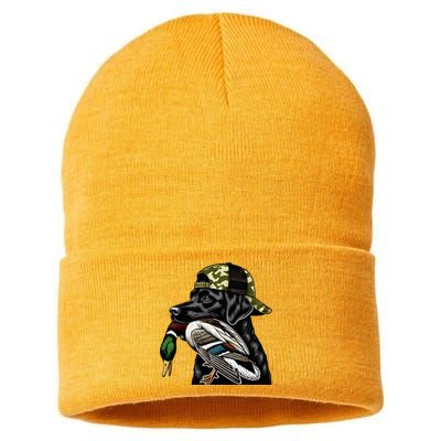 Labrador Hunting Dog With Duck Hello Hunting Season Sustainable Knit Beanie