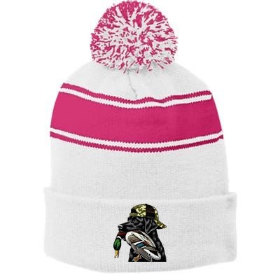 Labrador Hunting Dog With Duck Hello Hunting Season Stripe Pom Pom Beanie